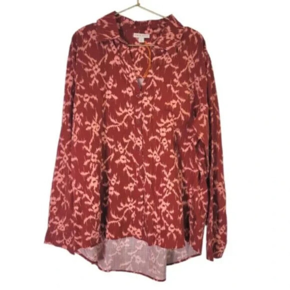 Knox Rose Deep Hibiscus Floral V-neck Button Down Shirt Size XL NWOT